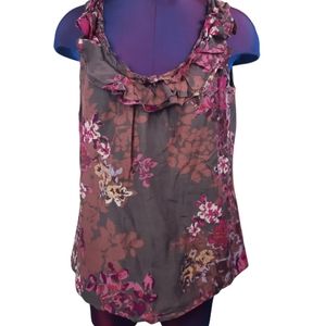 Ann Taylor Loft Ruffle Floral Sleeveless Blouse Sz S Women's Neutral Silk Cotton